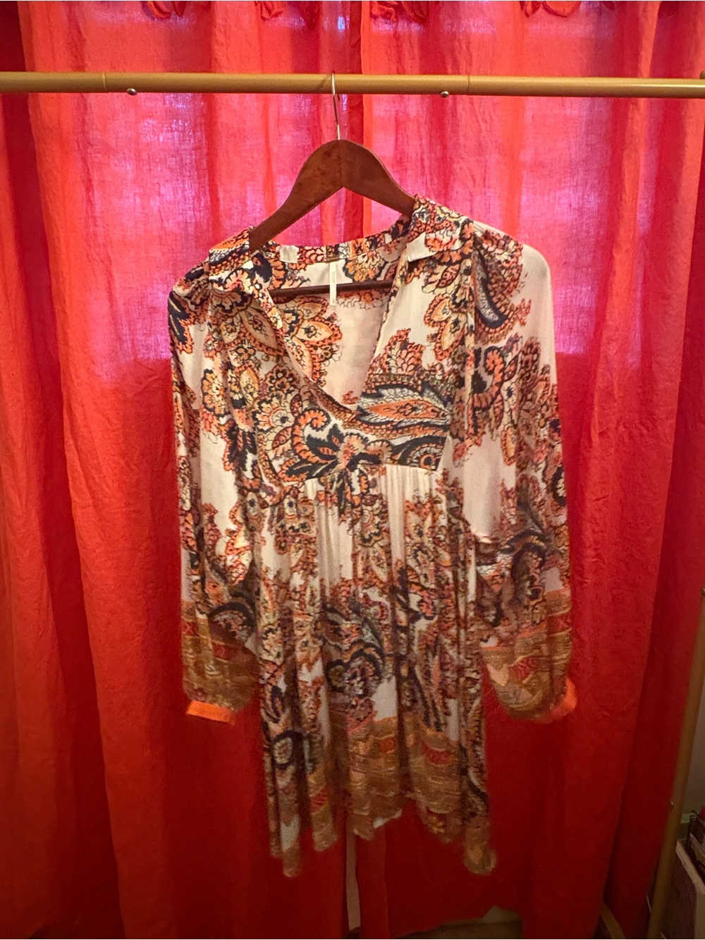 Free People Paisley Boho Mini Dress Long Sleeve Cream Orange Floral